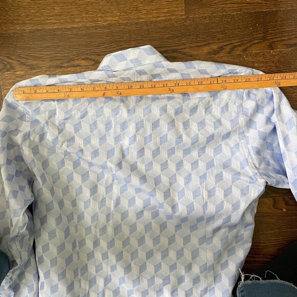 Men's Etro 100% Cotton Dress shirt White Blue 3D Squares-Sz. 44-XL - Picture 10 of 12